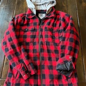Red and Black Checkered Men's Shirt Jacket with temovable hood